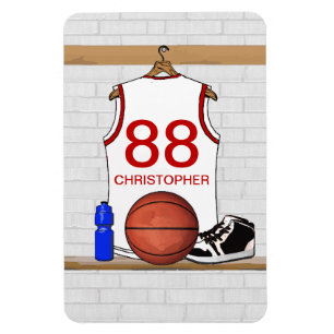 Personalized White and Red Basketball Jersey Magnet