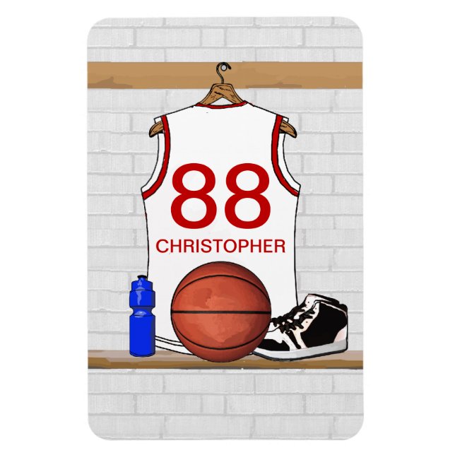 Personalized White and Red Basketball Jersey Magnet (Vertical)