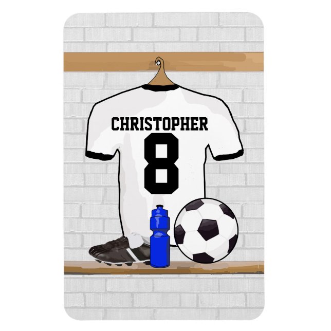Personalized White Black Football Soccer Jersey Magnet (Vertical)