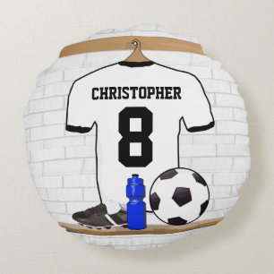 Personalized White Black Football Soccer Jersey Round Cushion