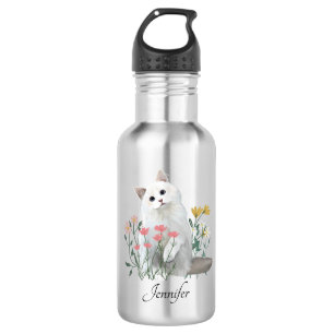 Personalized White Cat Flowers   Custom name 532 Ml Water Bottle