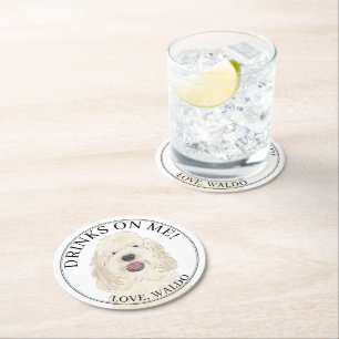 Personalized White Cream Golden Doodle Dog Wedding Round Paper Coaster