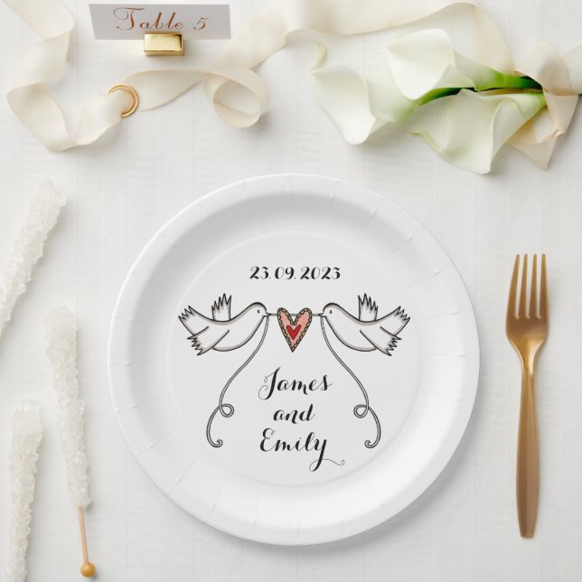 Personalized White Doves Wedding Food Paper Plate (Wedding)