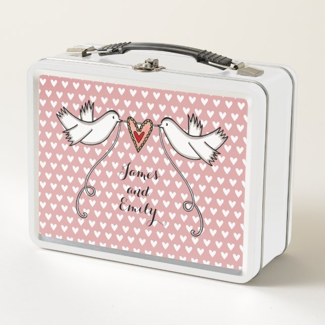 Personalized White Doves Wedding Metal Lunch Box (Front)
