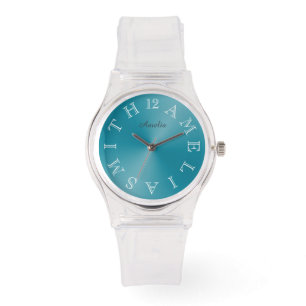 Personalized White Letter Dial Teal Blue Gradient Watch