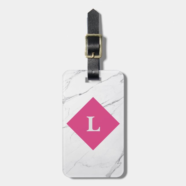 Personalized White Marble Pink accent luggage tag (Front Vertical)