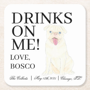 Personalized White Pug Dog Wedding Square Paper Coaster