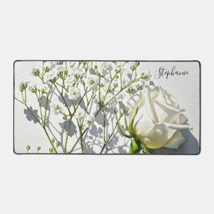 Personalized White Rose Floral Art Desk Mat