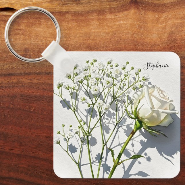 Personalized White Rose Floral Charm Key Ring (Front)
