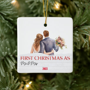 Personalized White Wood Our First Christmas Ceramic Ornament