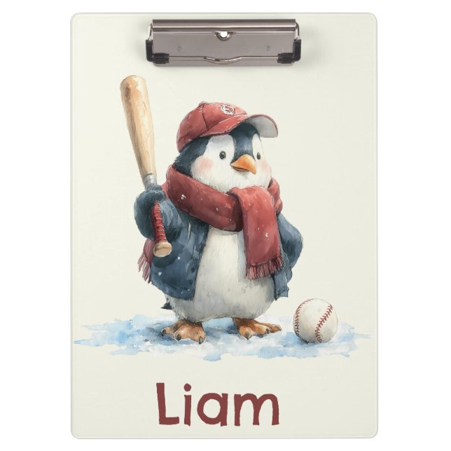 Personalized Winter Penguin Baseball Kid Clipboard (Front)