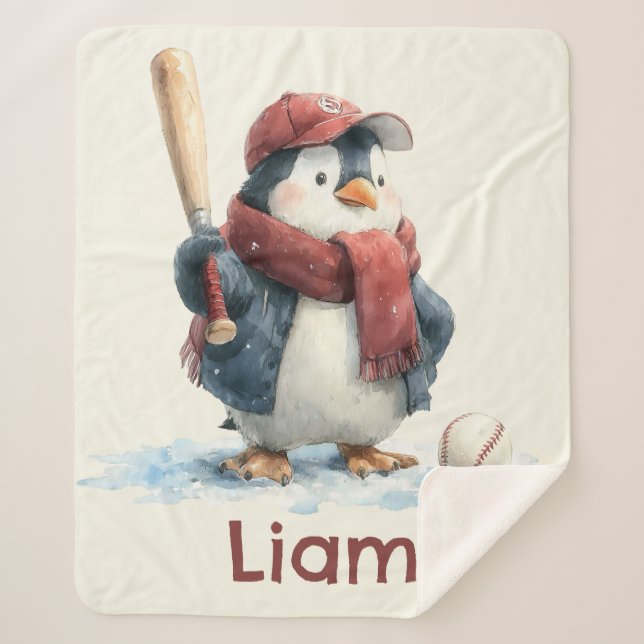 Personalized Winter Penguin Baseball Kid Sherpa Blanket (Front)