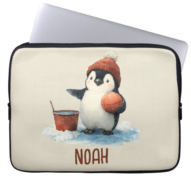 Personalized Winter Penguin Basketball Kid Laptop Sleeve (Front)