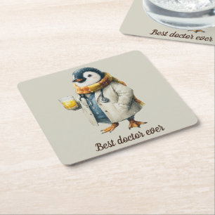 Personalized Winter Penguin “Best Doctor Ever” Square Paper Coaster