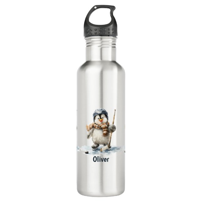 Personalized Winter Penguin Hockey Kid 710 Ml Water Bottle (Front)