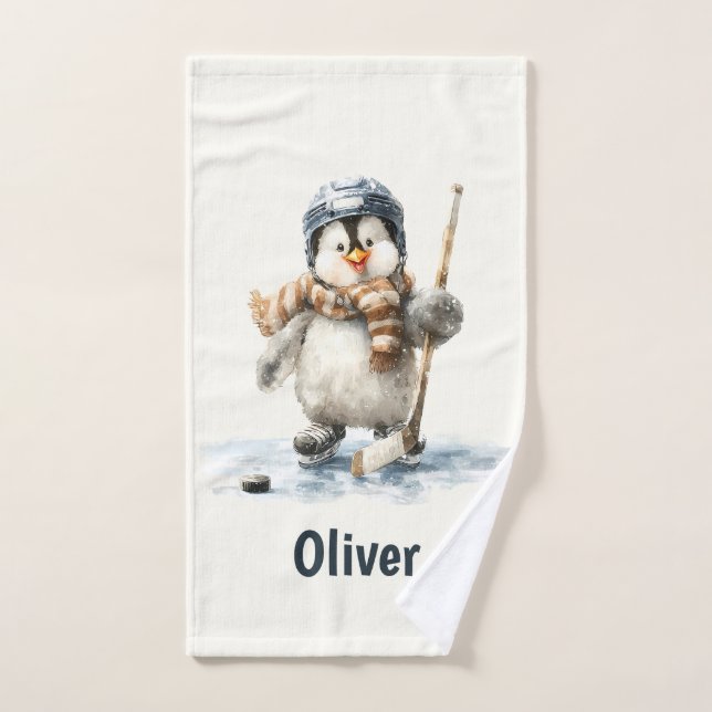 Personalized Winter Penguin Hockey Kid Bath Towel Set (Hand Towel)