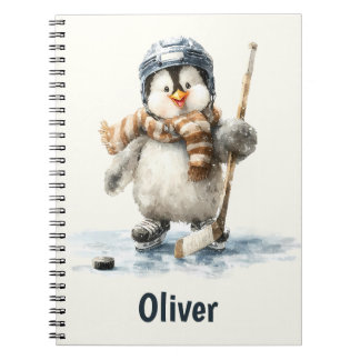Personalized Winter Penguin Hockey Kid Notebook