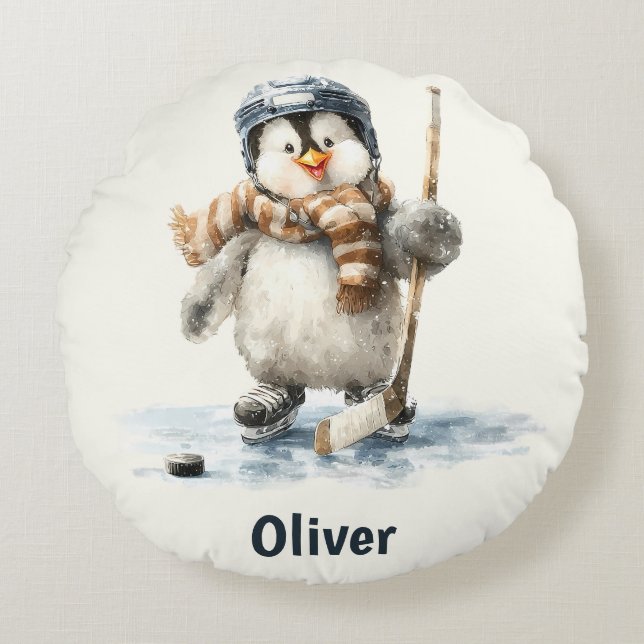 Personalized Winter Penguin Hockey Kid Round Cushion (Front)