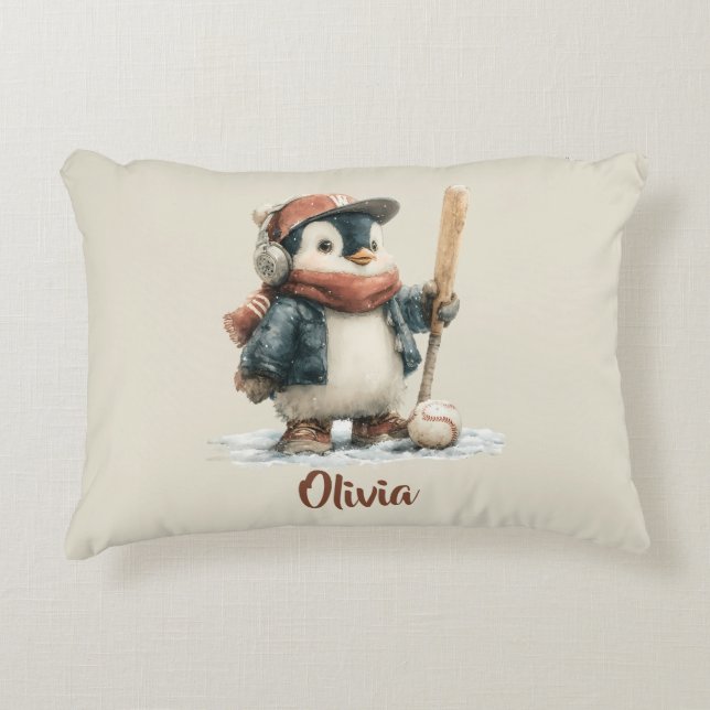 Personalized Winter Penguin Softball Kid Decorative Cushion (Front)