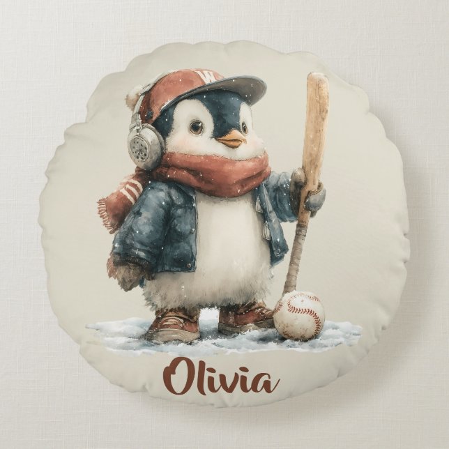 Personalized Winter Penguin Softball Kid Round Cushion (Front)