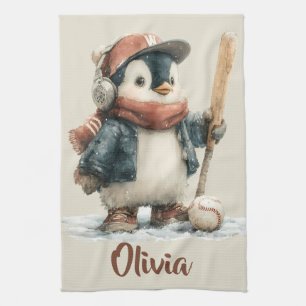 Personalized Winter Penguin Softball Kid Tea Towel