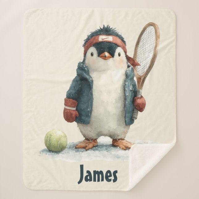 Personalized Winter Penguin Tennis Kid Sherpa Blanket (Front)