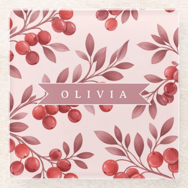 Personalized Winter Red Berry Botanical Cottage Glass Coaster (Front)