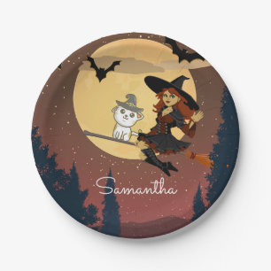 Personalized Witch Cat Happy Halloween Name Paper Plate