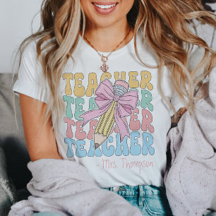 Personalized With Name Pink Bow Teacher Custom T-Shirt