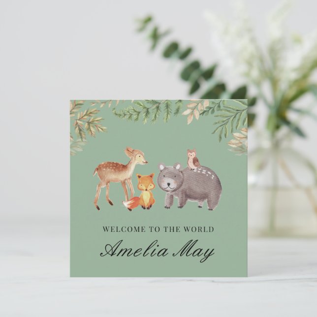 Personalized Woodland Animals New Baby Card (Standing Front)