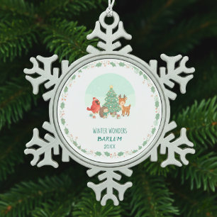 Personalized Woodland Friends Snowflake Pewter Christmas Ornament