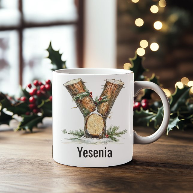 Personalized Woodland Log Monogram Y Christmas Coffee Mug (Personalized Woodland Log Monogram Y Christmas Coffee Mug)
