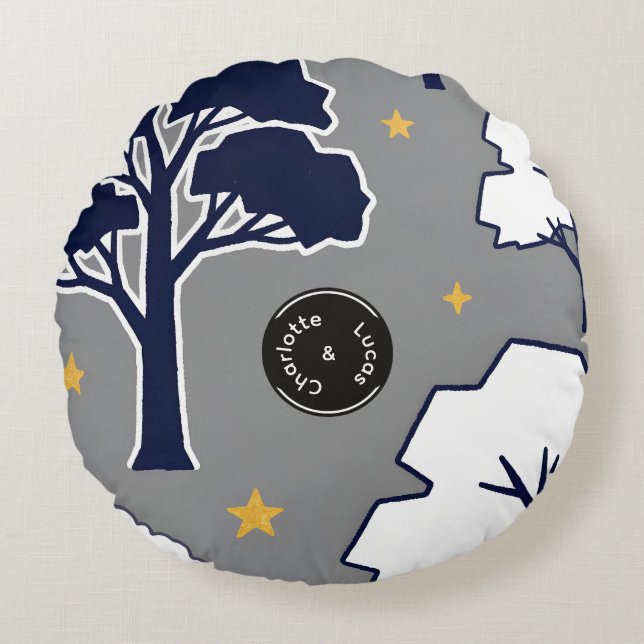 Personalized Woodland Tree and Star Round Pillow  (Front)