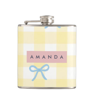 Personalized Yellow Gingham & Blue Bow Pastel Hip Flask