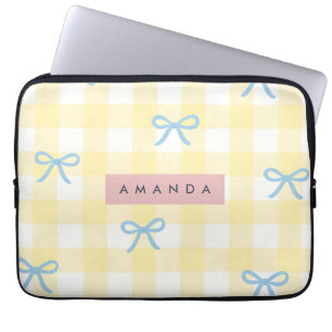 Personalized Yellow Gingham & Blue Bow Pastel  Laptop Sleeve