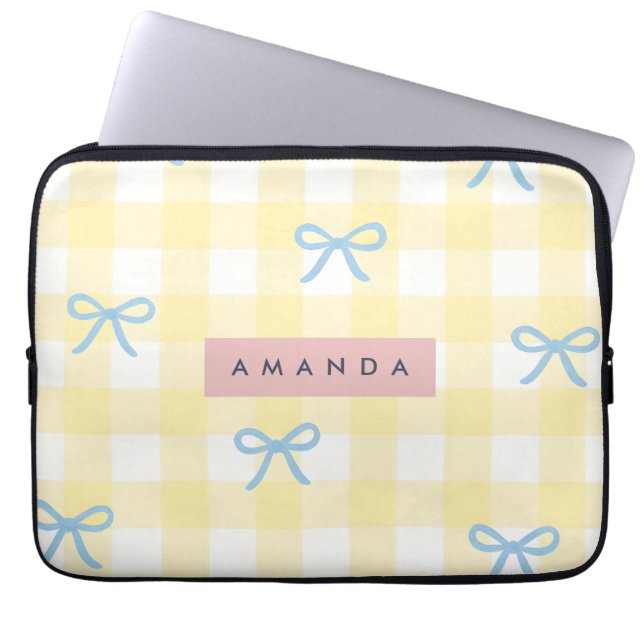 Personalized Yellow Gingham & Blue Bow Pastel  Laptop Sleeve (Front)