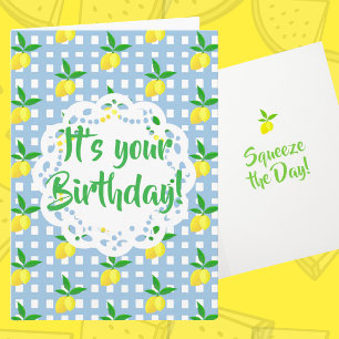Personalized Yellow Lemons Blue White Birthday Card