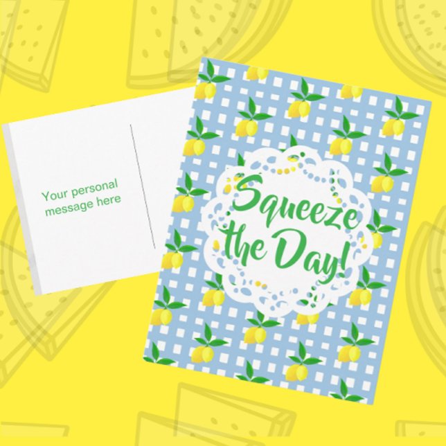 Personalized Yellow Lemons Blue White  Postcard (Thrifty postcards)