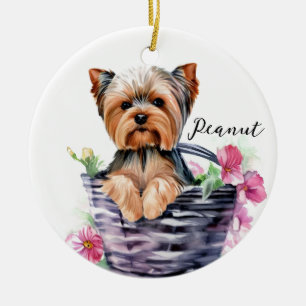 Personalized Yorkie in the Basket Watercolor Art Ceramic Tree Decoration