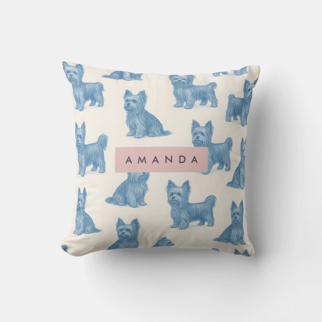 Personalized Yorkshire Terrier Blue Name Gift Cute Cushion (Front)