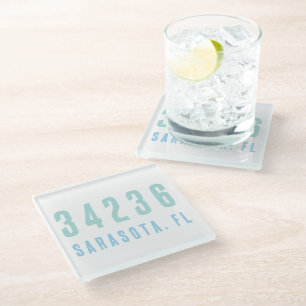 Personalized Zip Code,City,State Coastal Blues Glass Coaster