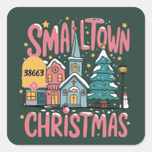 Personalized Zipcode Small Town Christmas Pink Square Sticker