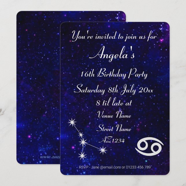 Personalized Zodiac Cancer Galaxy Party Invitation (Front/Back)