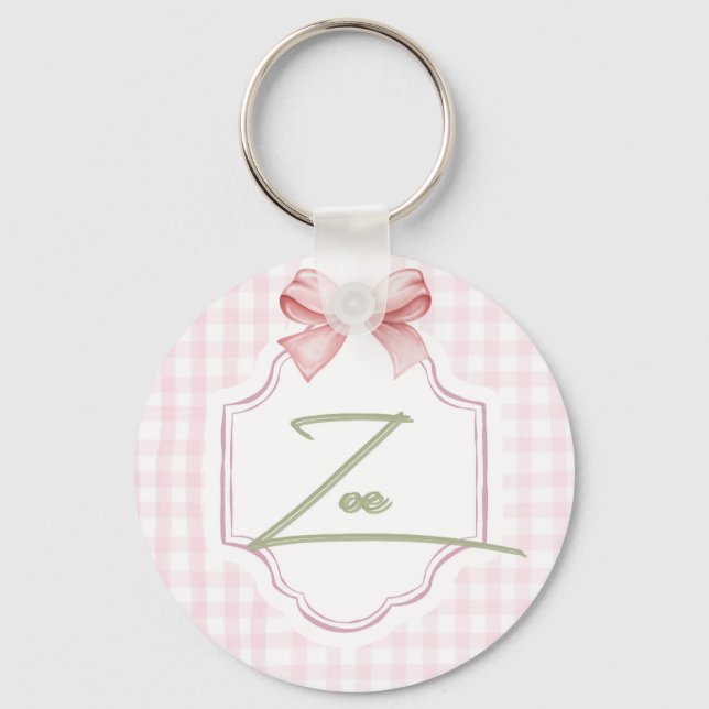 Personalized Zoe Baby Girl Nursery Bow&Gingham  Key Ring (Front)