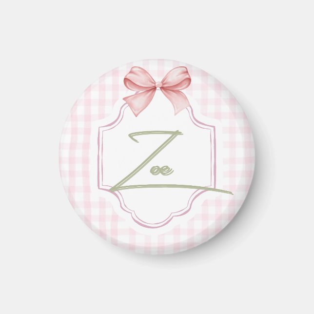 Personalized Zoe Baby Girl Nursery Bow&Gingham  Magnet (Front)