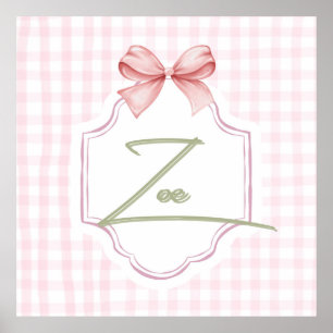 Personalized Zoe Baby Girl Nursery Bow&Gingham Poster