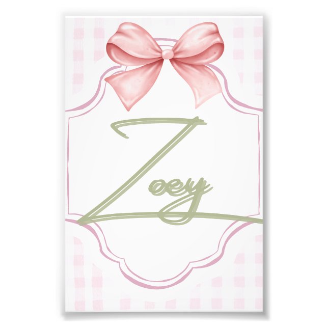 Personalized Zoey Baby Girl Nursery Bow&Gingham  Photo Print (Front)