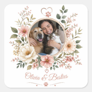 PersonalizePhoto & Name Pet Lover Floral Square Sticker