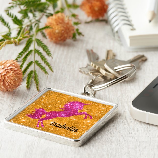 PersonalizePink Glitter Unicorn on Sparkling Gold Key Ring (Side)