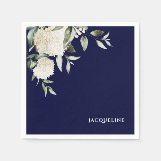Personalzied Navy White Hydrangeas Bridal Shower Napkin (Front)